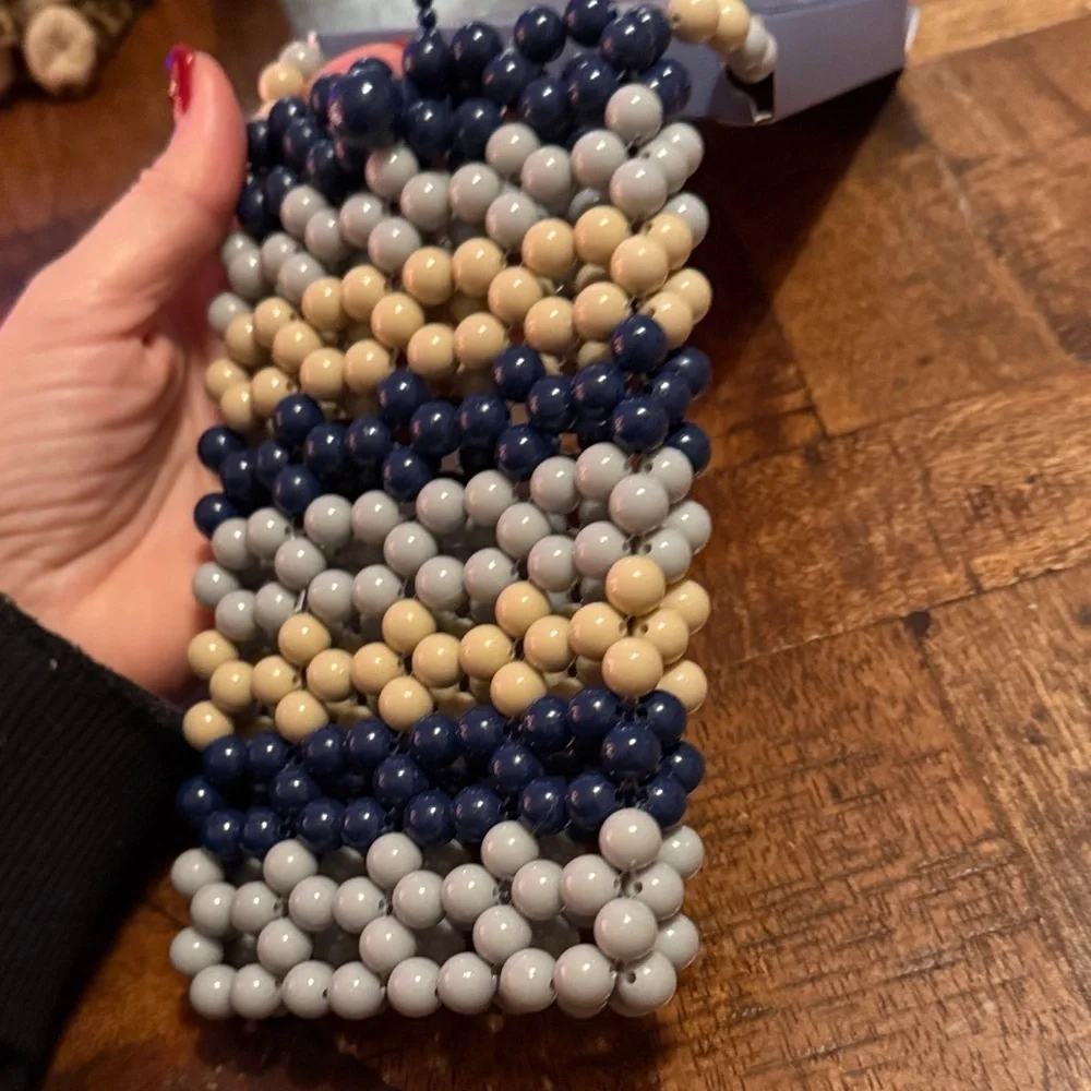 Beaded Crossbody Pouch - Navy, Cream, and Yellow